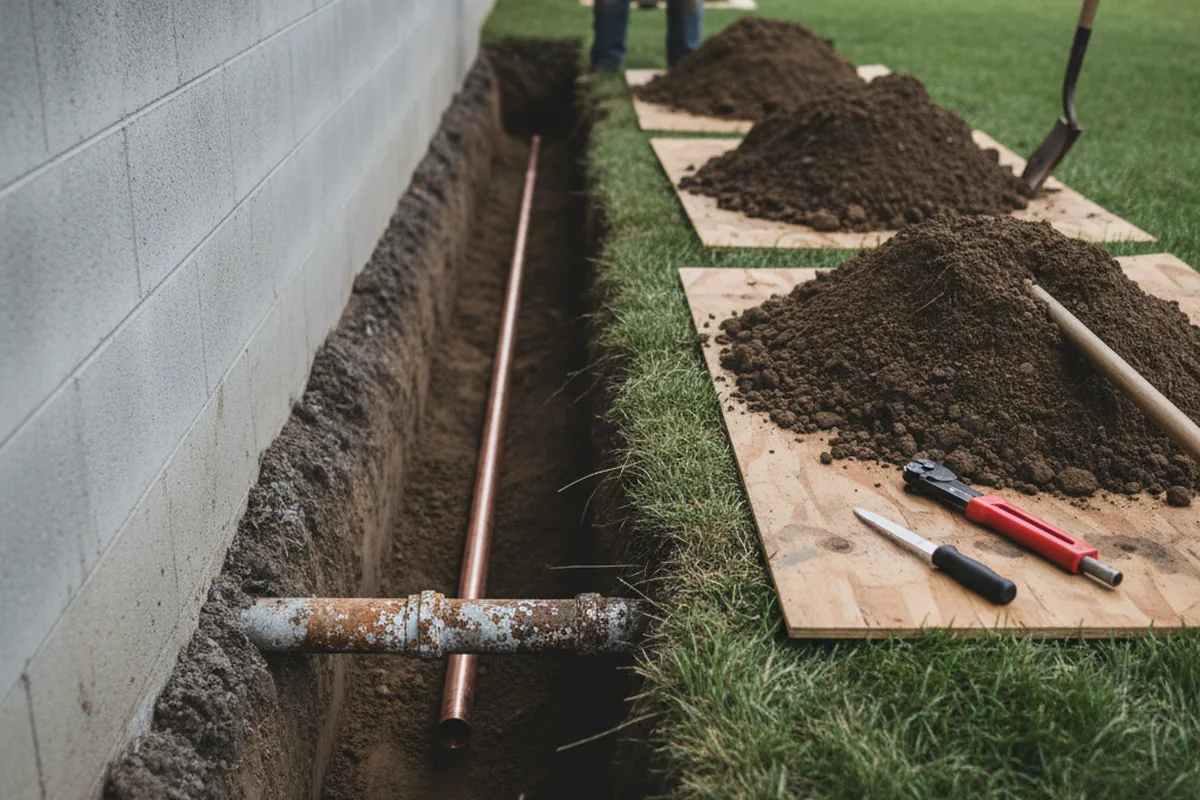 Excavated water line trench during Water Softener Installation in Solana Beach